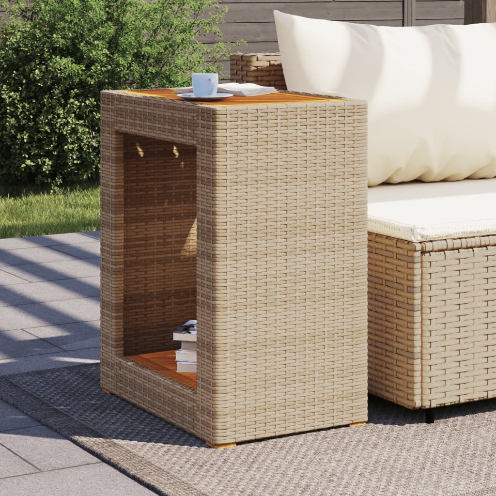 Tuinbijzettafel met houten blad 60x40x75 cm poly rattan beige