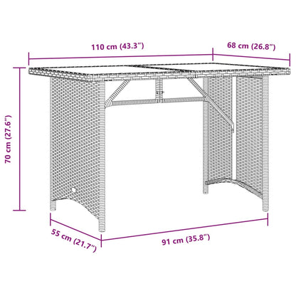 Tuintafel met glazen blad 110x68x70 cm poly rattan bruin