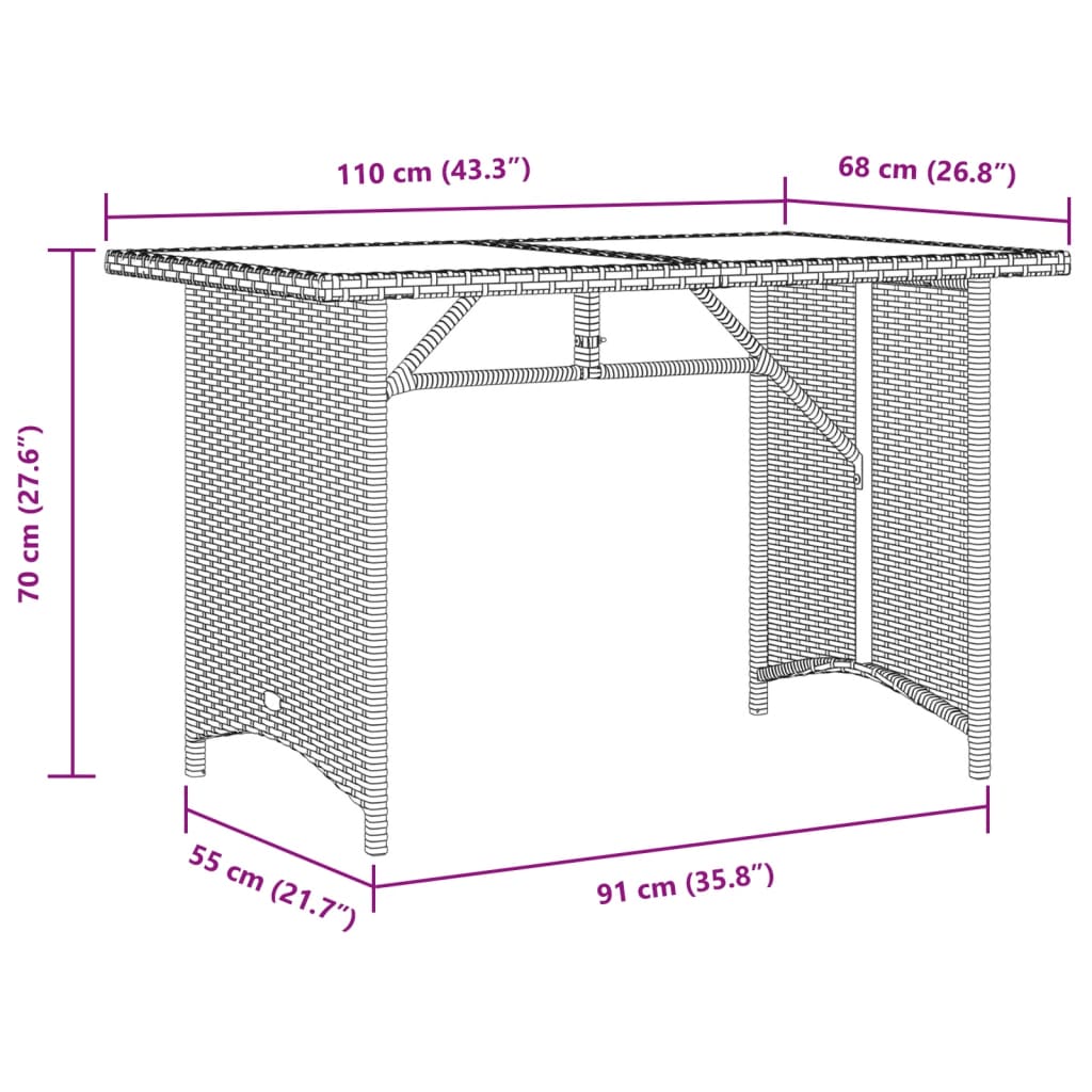 Tuintafel met glazen blad 110x68x70 cm poly rattan lichtgrijs