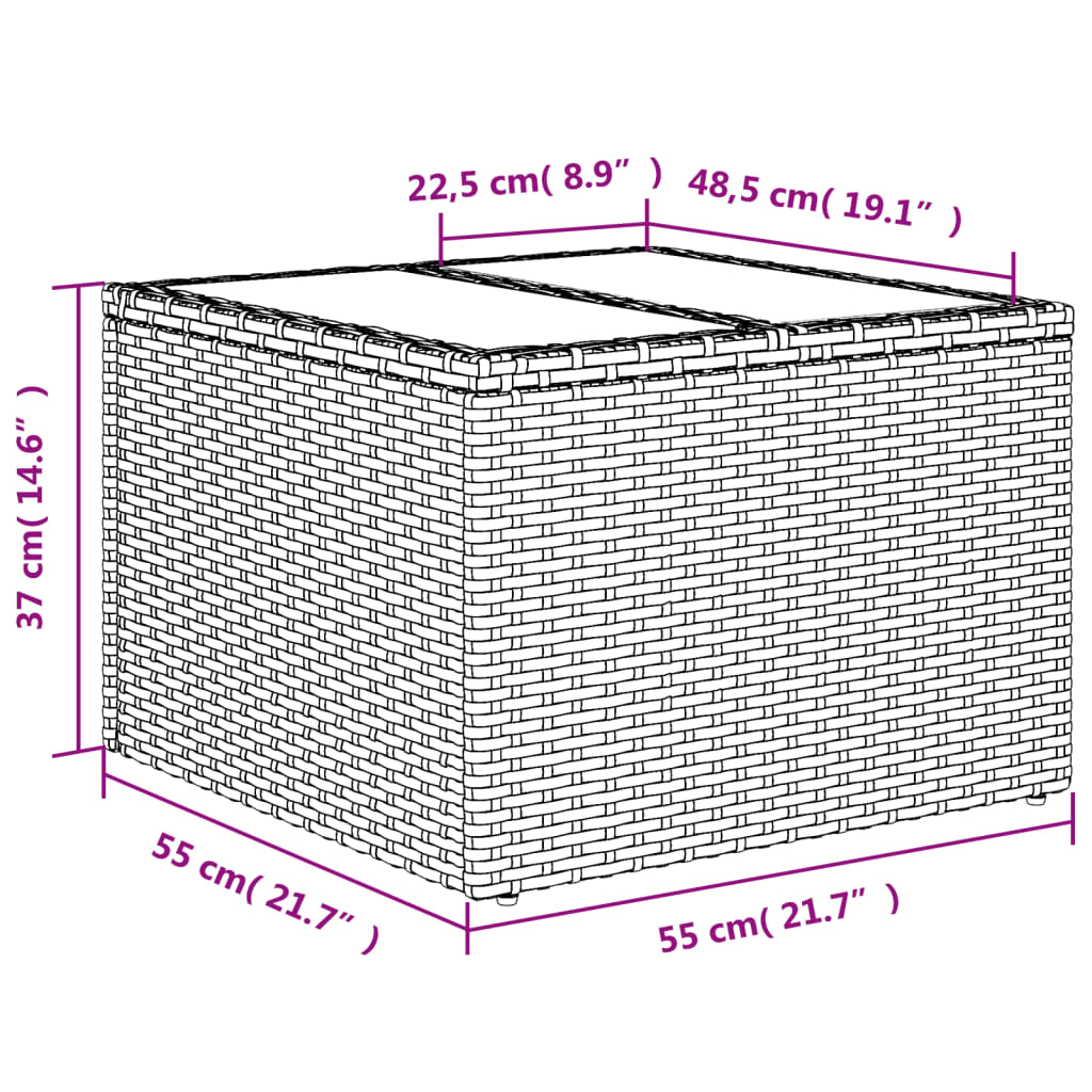 Tuintafel met glazen blad 55x55x37 cm poly rattan beige