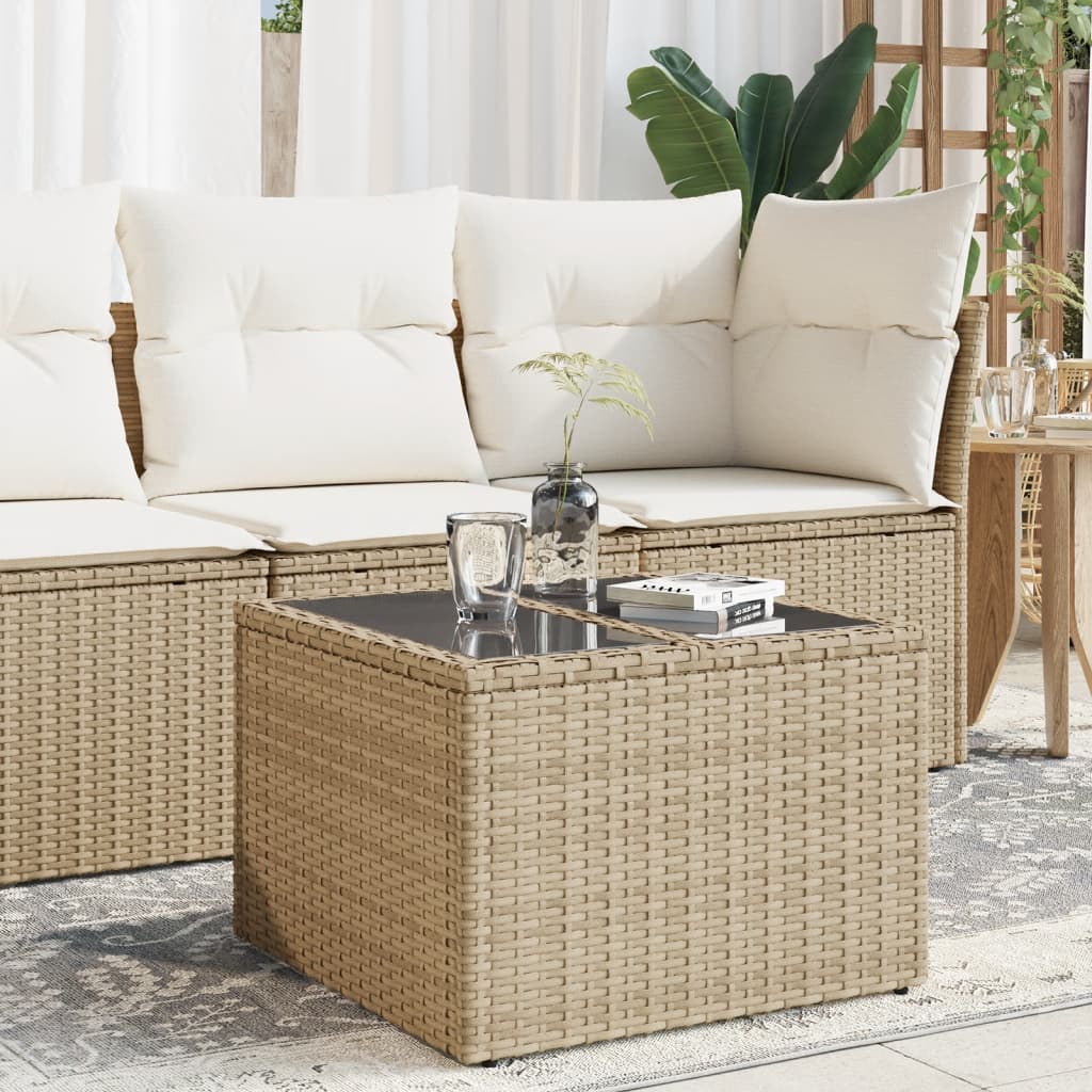 Tuintafel met glazen blad 55x55x37 cm poly rattan beige