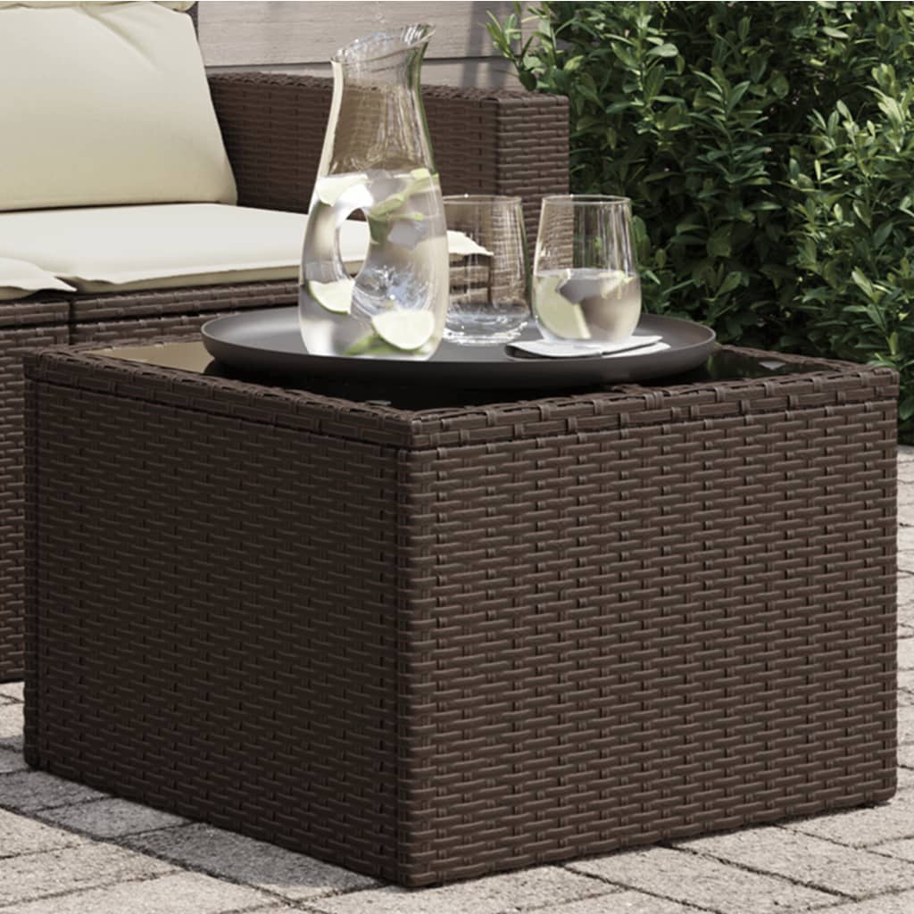 Tuintafel met glazen blad 55x55x37 cm poly rattan bruin