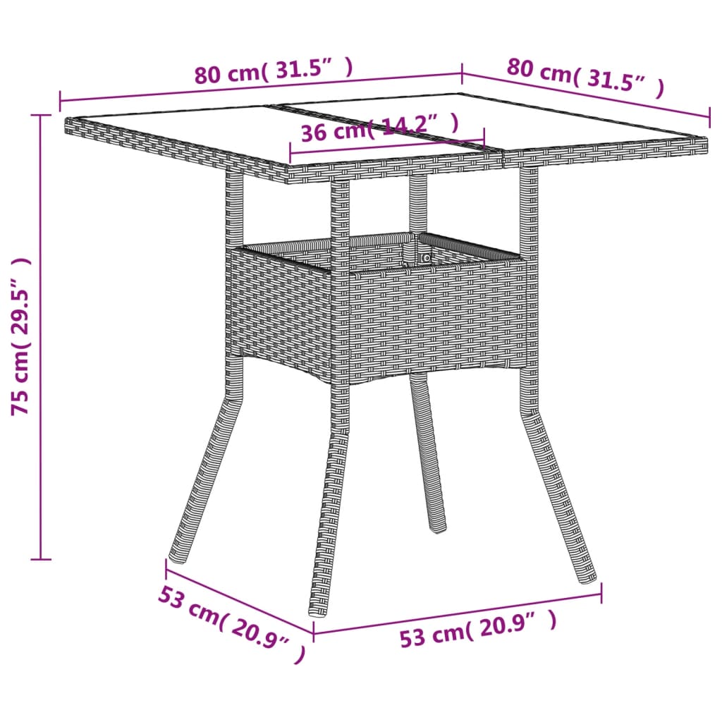 Tuintafel met glazen blad 80x80x75 cm poly rattan lichtgrijs