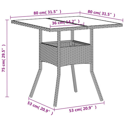 Tuintafel met glazen blad 80x80x75 cm poly rattan lichtgrijs