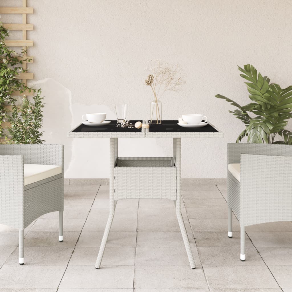 Tuintafel met glazen blad 80x80x75 cm poly rattan wit