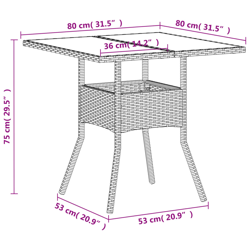 Tuintafel met glazen blad 80x80x75 cm poly rattan wit