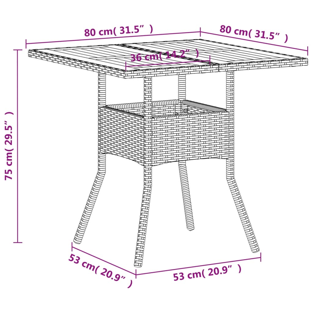 Tuintafel 80x80x75 cm poly rattan en acaciahout beige