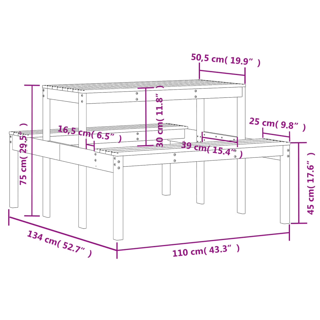 Picknicktafel 110x134x75 cm massief grenenhout wit