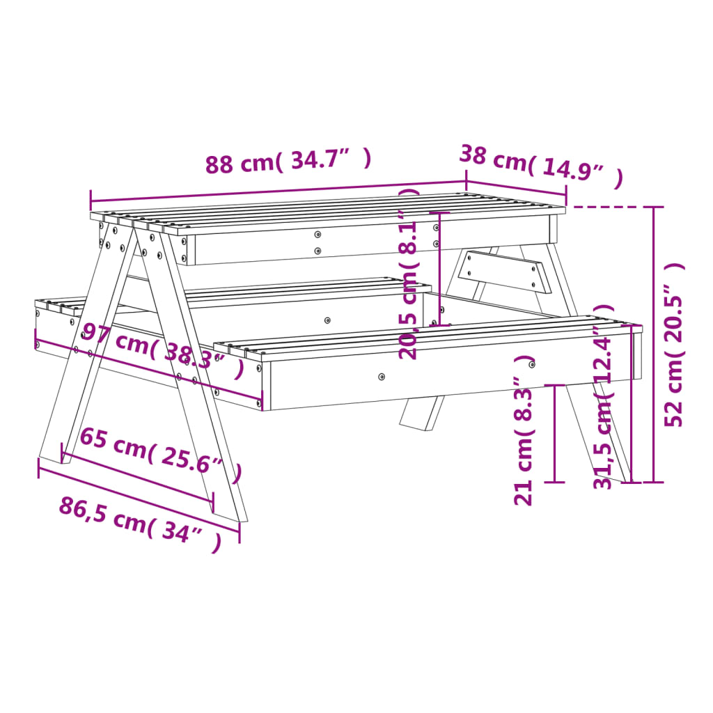 Picknicktafel voor kinderen 88x97x52 cm massief grenenhout