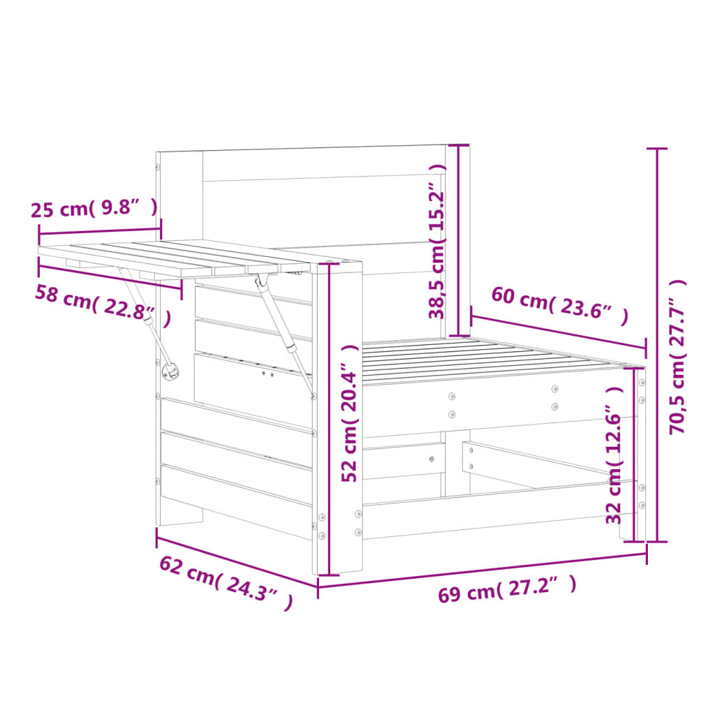 Tuinbank met armleuning en klaptafel grenenhout wasbruin