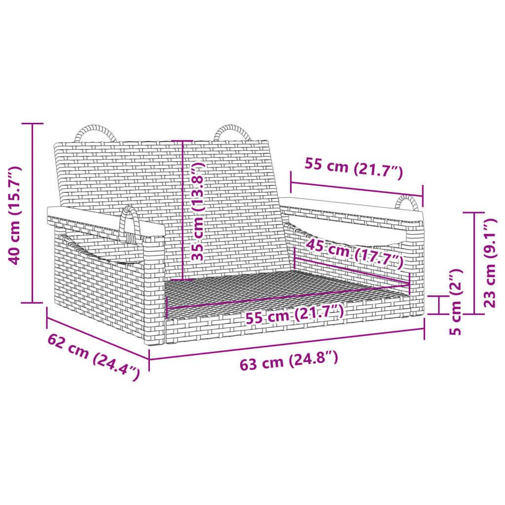 Schommelbank 63x62x40 cm poly rattan grijs