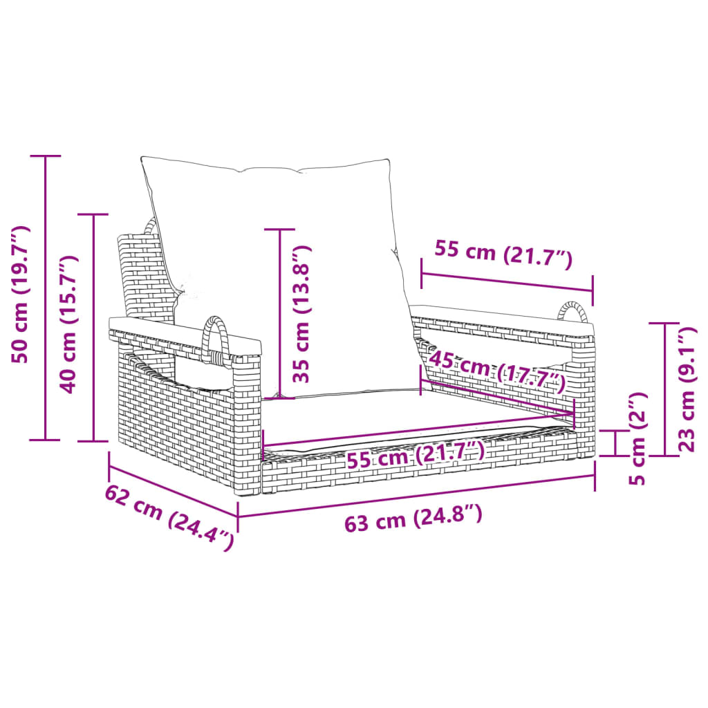 Schommelbank met kussens 63x62x40 cm poly rattan beige