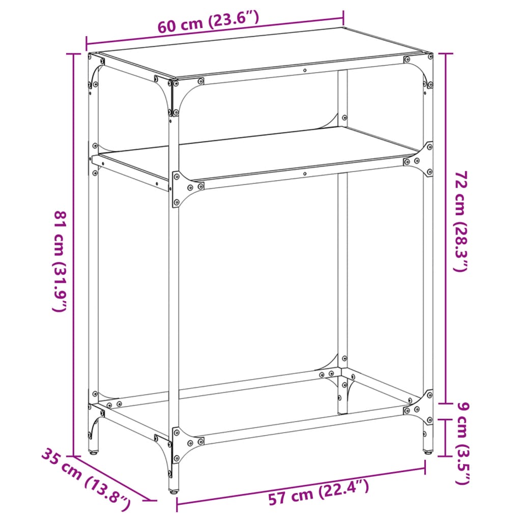 Wandtafel met transparant glazen blad 60x35x81 cm staal