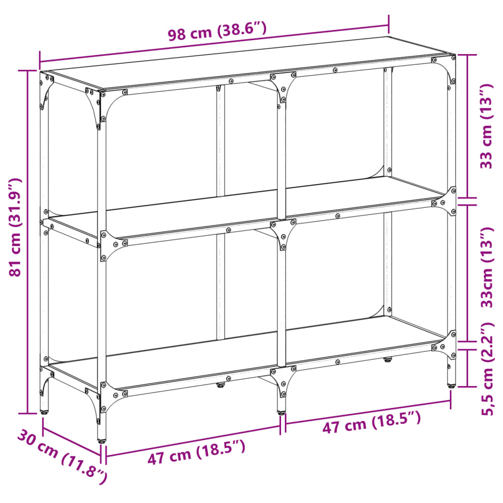 Wandtafel met transparant glazen blad 98x30x81 cm staal