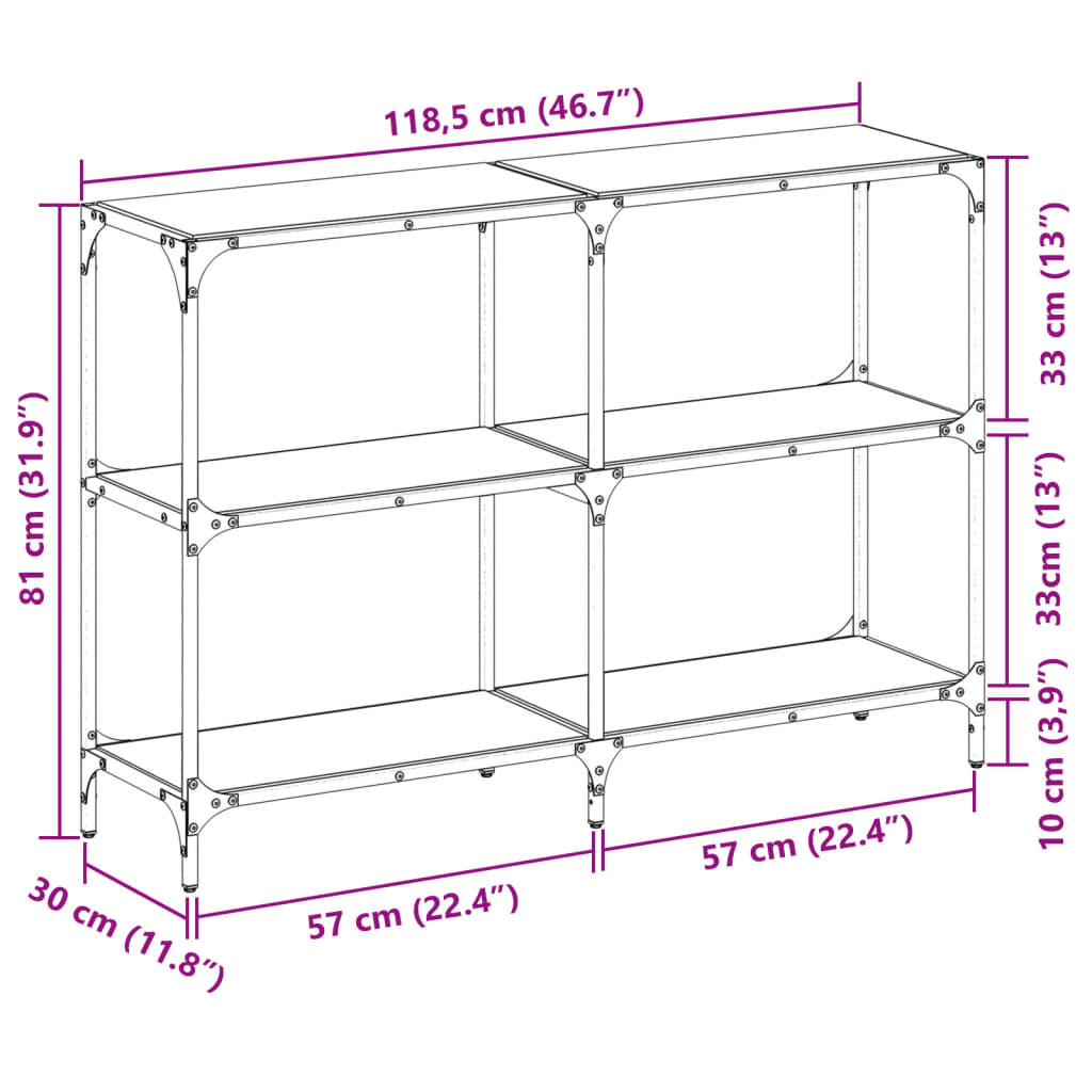 Wandtafel met transparant glazen blad 118,5x30x81 cm staal