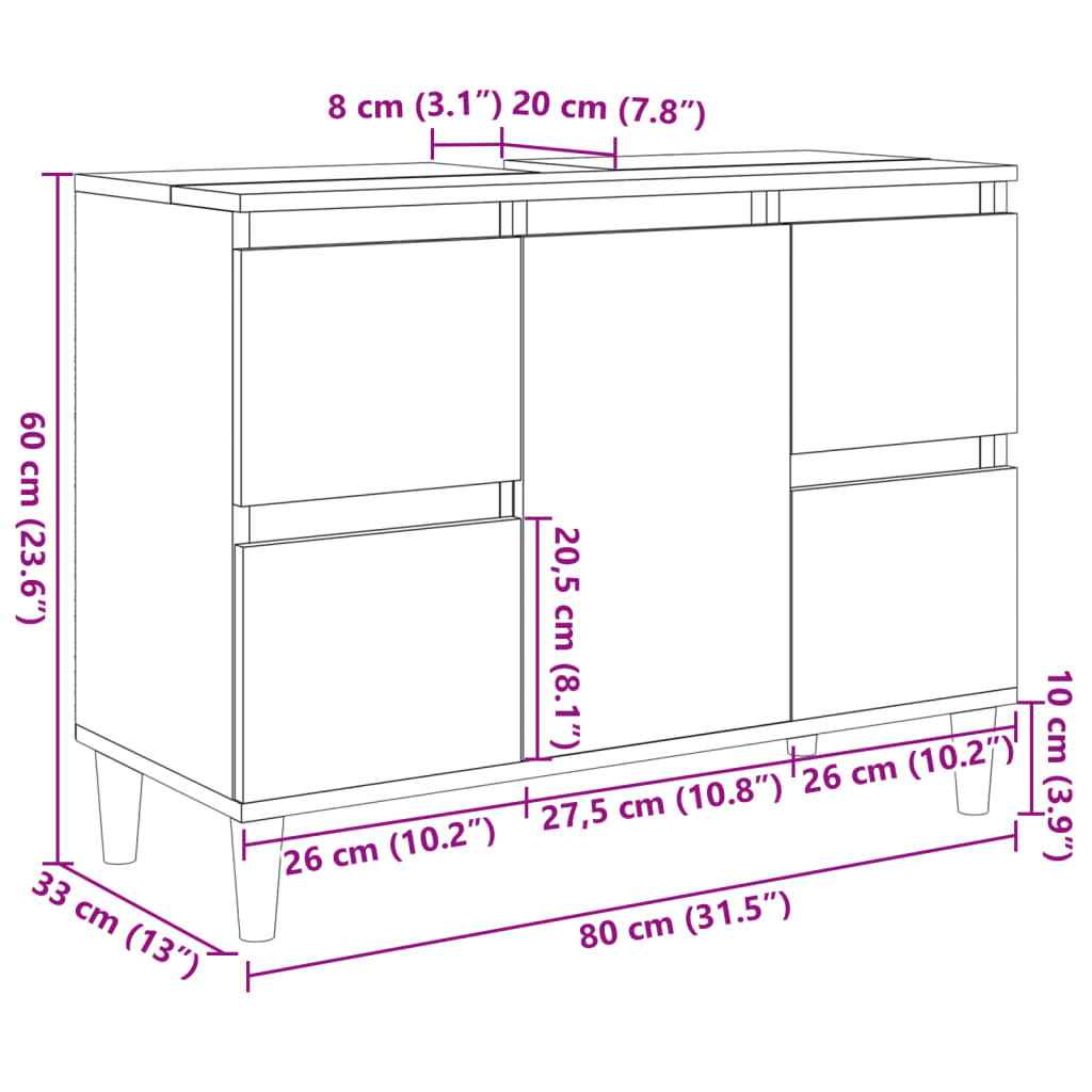 Wastafelkast 80x33x60 cm bewerkt hout sonoma eikenkleurig