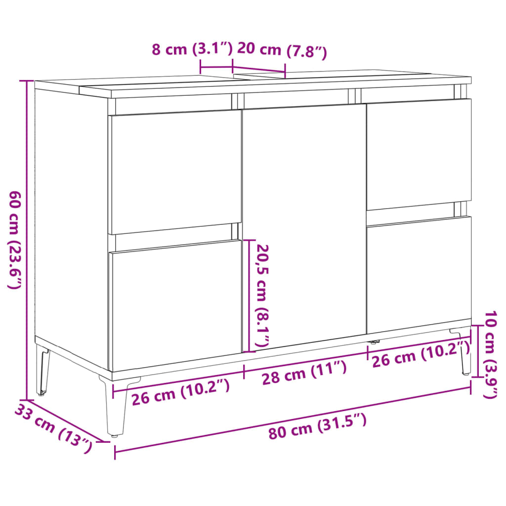 Wastafelkast 80x33x60 cm bewerkt hout sonoma eikenkleurig