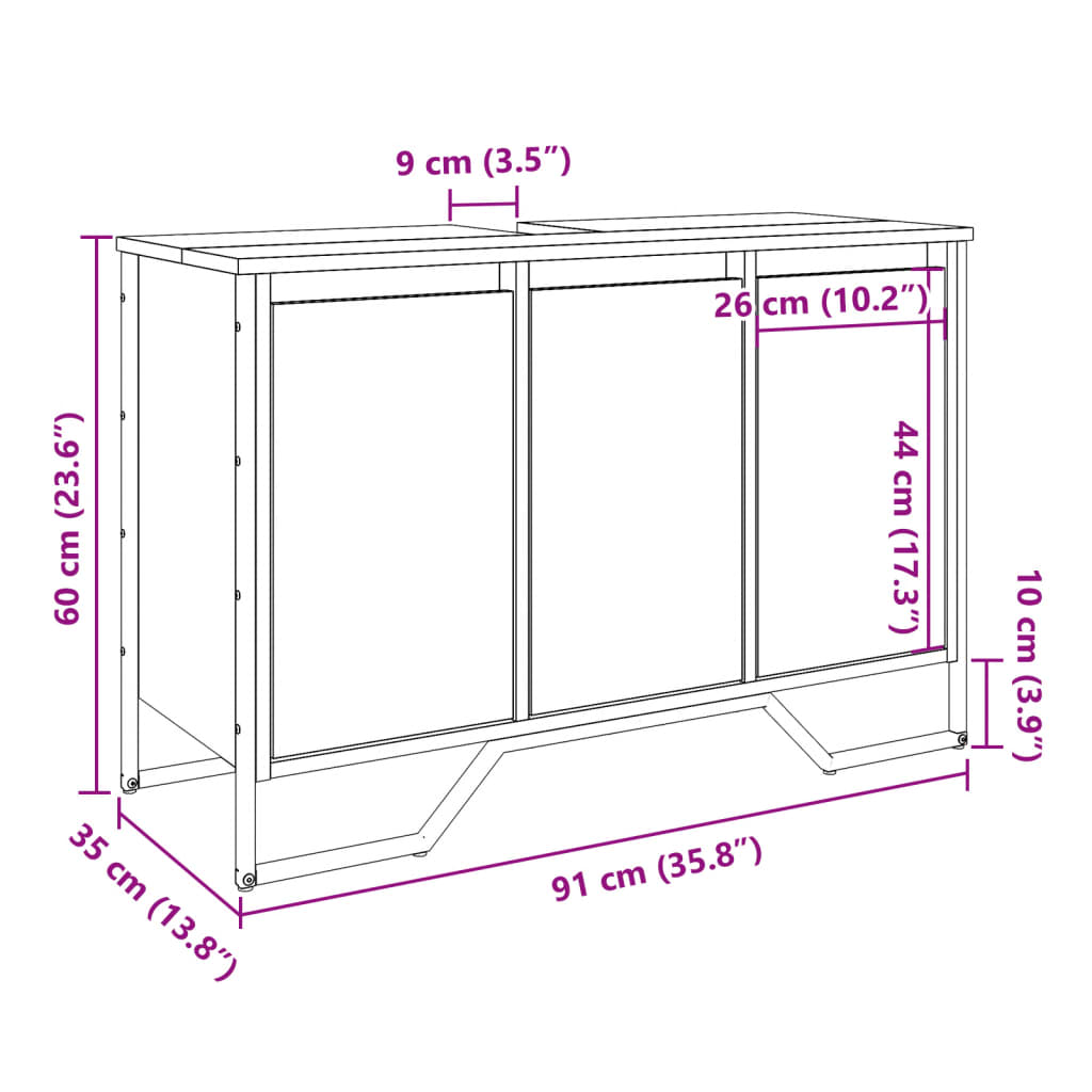 Wastafelkast 91x35x60 cm bewerkt hout gerookt eikenkleurig