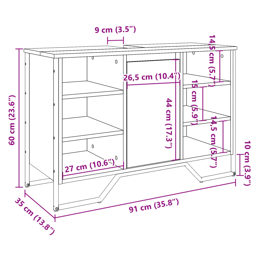 Wastafelkast 91x35x60 cm bewerkt hout grijs sonoma eikenkleurig