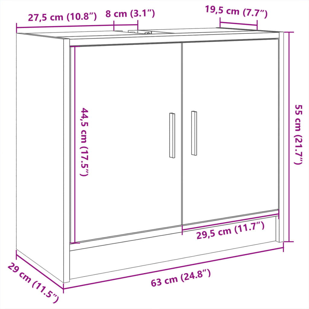 Wastafelkast 63x29x55 cm bewerkt hout bruin eikenkleurigig