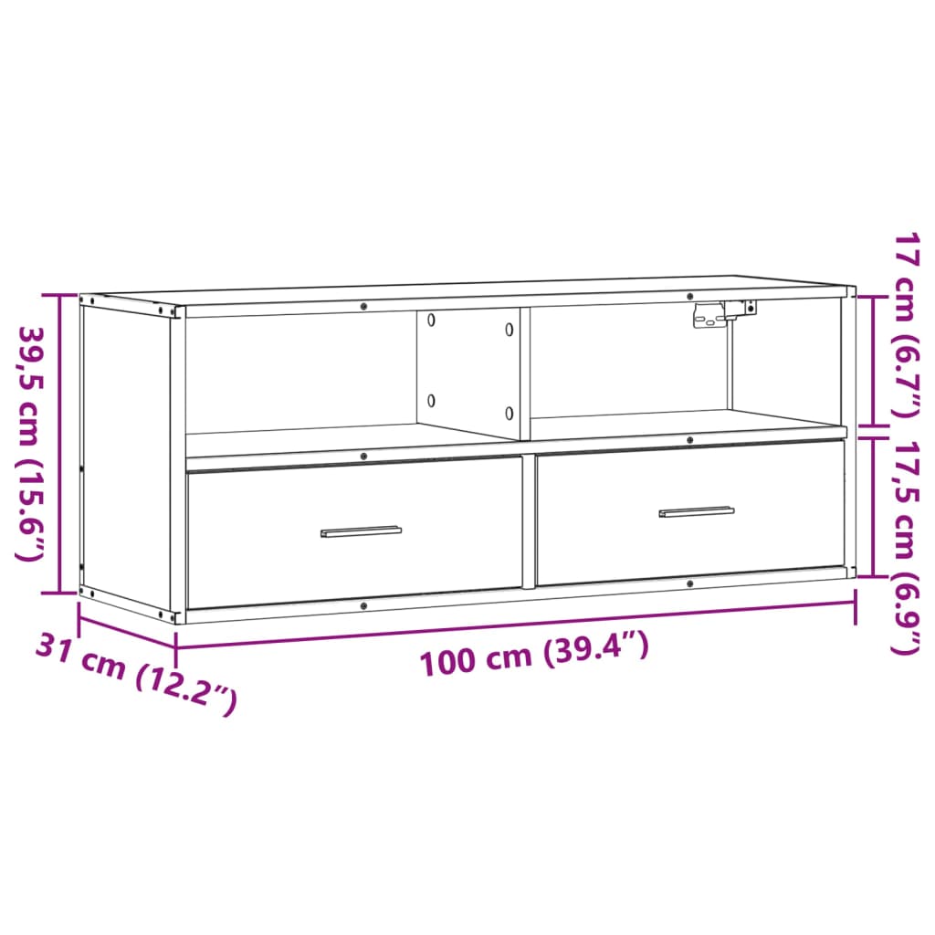 Tv-meubel 100x31x39,5 cm bewerkt hout metaal grijs sonoma eiken