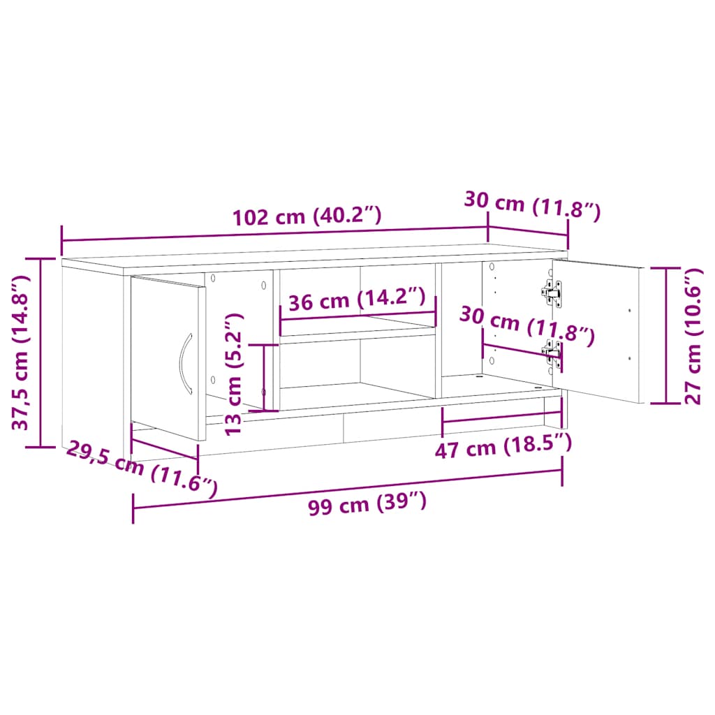 Tv-meubel 102x30x37,5 cm bewerkt hout artisanaal eikenkleur