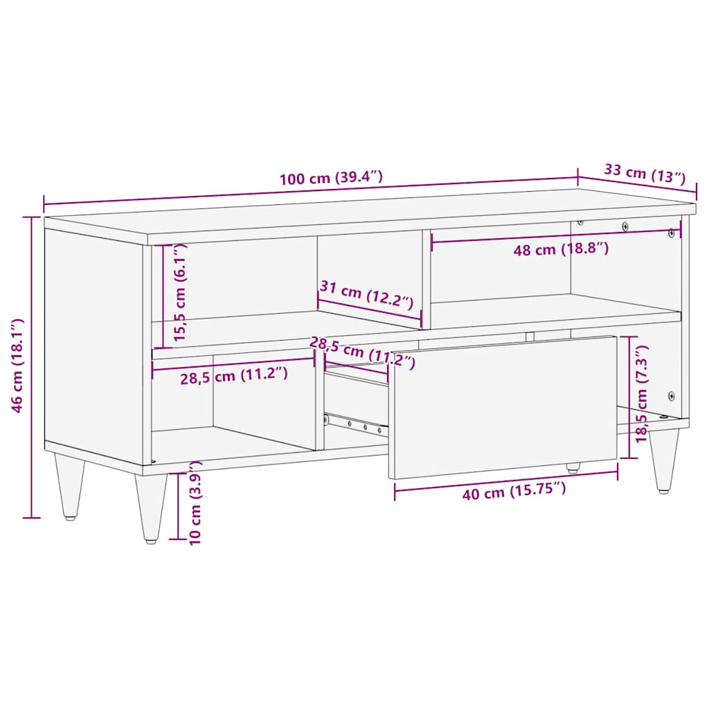 Tv-meubel 100x33x46 cm massief mangohout zwart