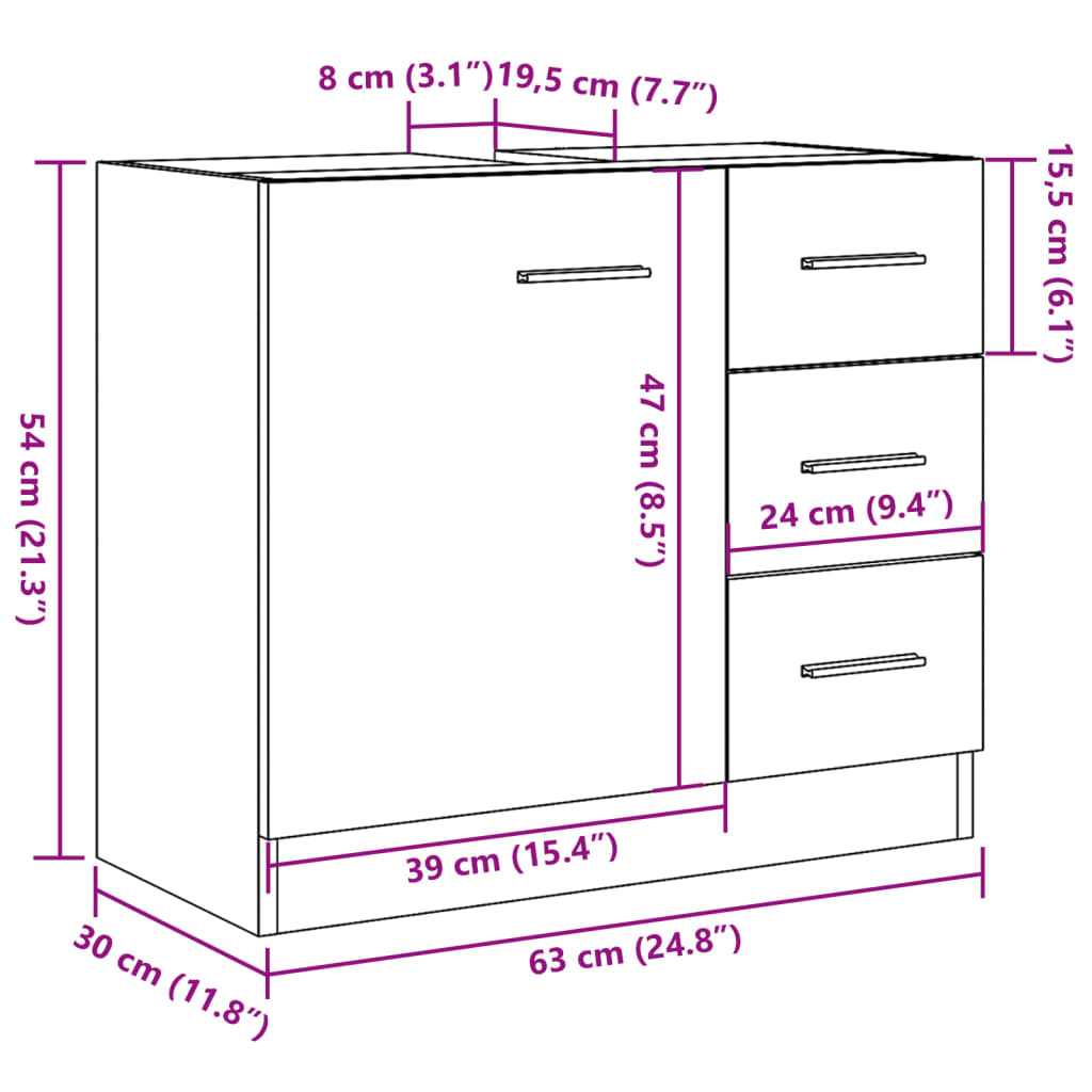 Wastafelkast 63x30x54 cm bewerkt hout oud houtkleurig