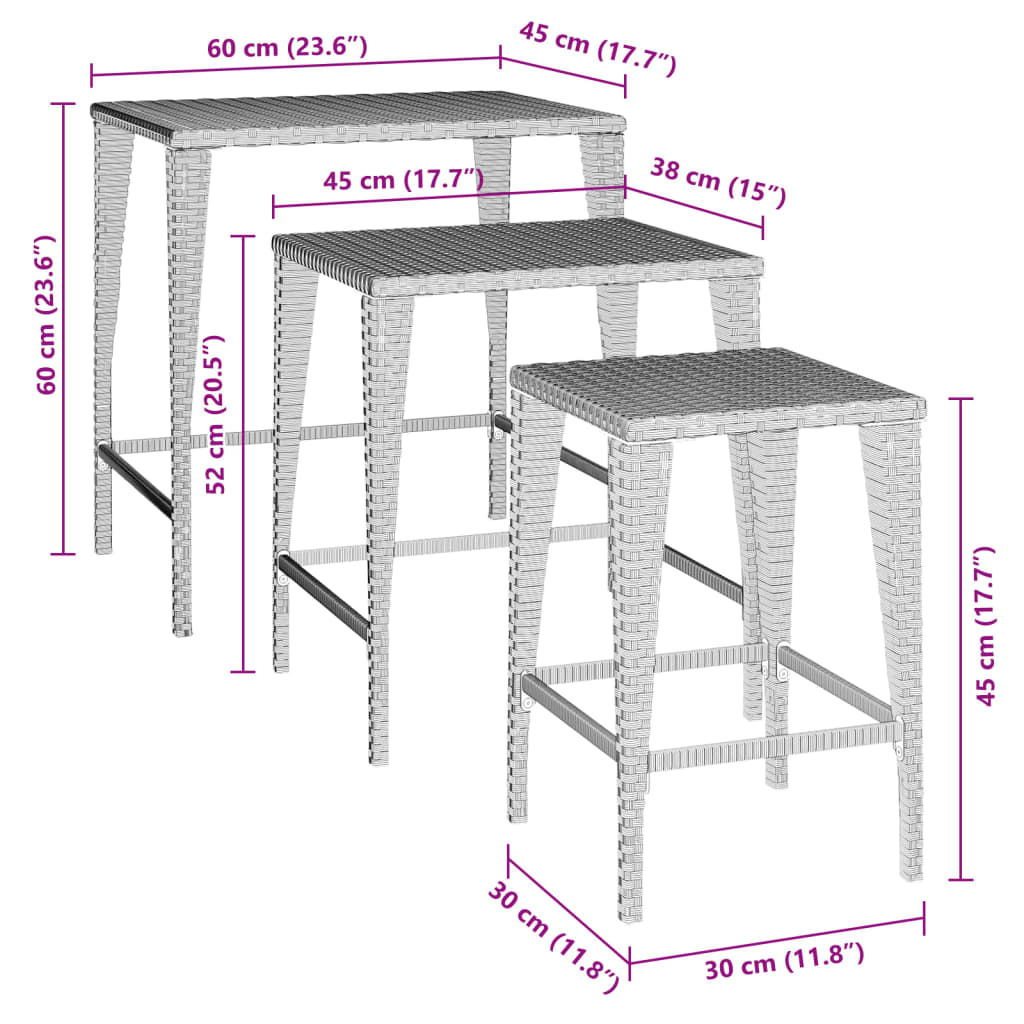 Tuintafeltjesset 3 st poly rattan zwart